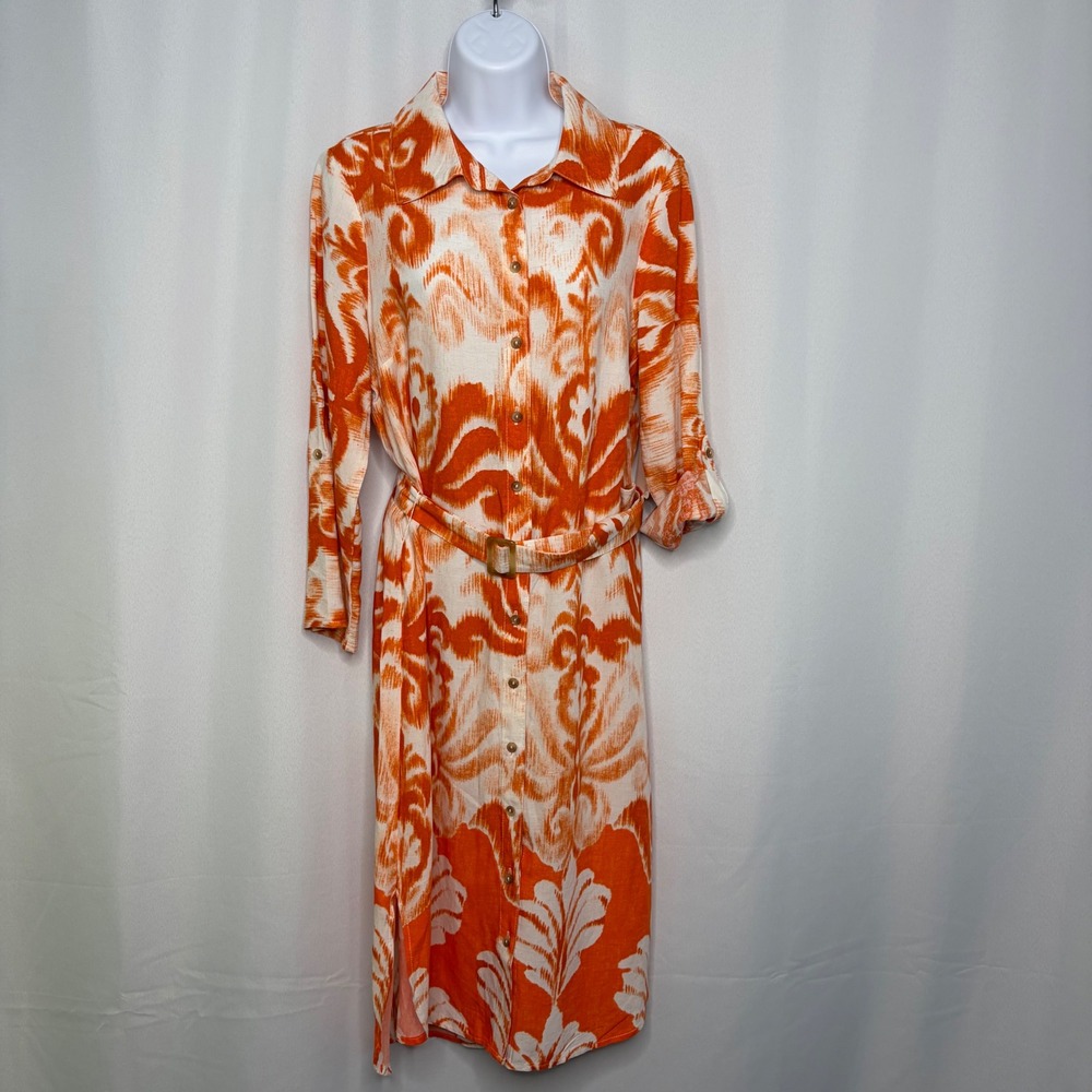 Fig‎ + Flower Orange White Ikat Damask Belted Midi Shirt Dress NWT Medium